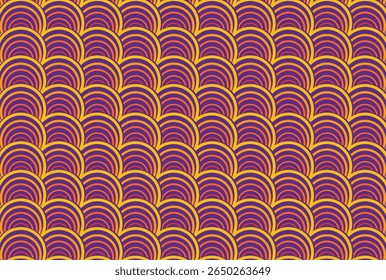 Repeating pattern of concentric arches in shades of orange, yellow, and purple, creating a fishscale effect.