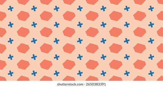A repeating pattern of coral octagons and blue plus signs creates a playful and modern aesthetic on a soft, pale peach backdrop.