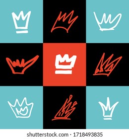 A repeating pattern of crowns.
A quick sketch of nine crowns with different materials. Vector illustration. Black, red, blue and white colors.