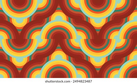 Repeating pattern of curved, wavy stripes in bold pink, turquoise, yellow, and navy