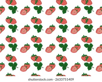 Repeating pattern of cut and whole strawberries with leaves on white background. This pattern is regular, dense, and repeating for fabric, wallpaper, and wrapping paper.