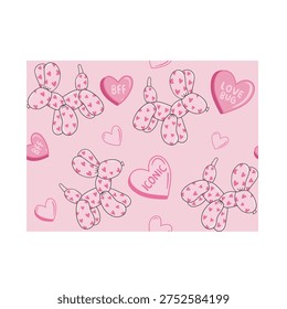 Patrón de repetición de animales lindos del globo con corazones. Fondo de Vector romántico para el día de San Valentín. Ilustración rosa pastel con globos de cachorro y mensajes de amor escritos a mano.