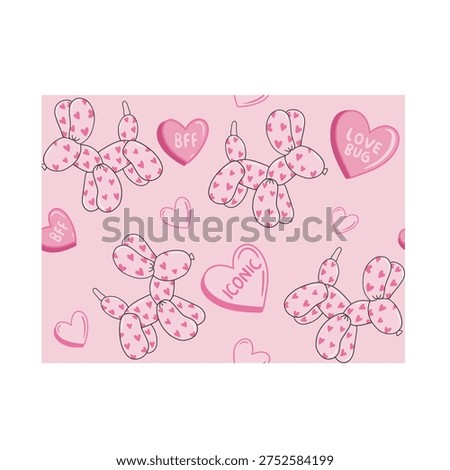 Repeating pattern of cute balloon animals with hearts. Romantic vector background for valentines day. Pastel pink illustration with puppy balloons and handwritten love messages.