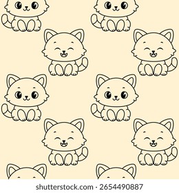 A repeating pattern of cute cartoon cats with round faces and large eyes. The cats have fluffy fur and are depicted in a playful manner against a light beige background.