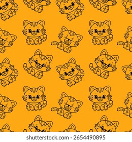 A repeating pattern of cute cartoon cats on an orange background. The cats have large eyes, whiskers, and playful expressions, creating a cheerful design.