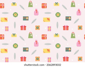 Repeating pattern of cute gift boxes on a pink background. Simple pattern design template.