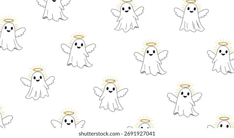 A repeating pattern of cute little ghosts with halo and wings.