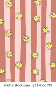 Repeating pattern of cute, smiling yellow suns with colorful rays on a striped pink and white background. Cheerful and bright design.