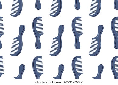 Repeating pattern of dark blue combs with curved handle for haircare designs