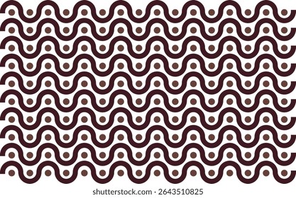A repeating pattern of dark brown waves and circles on a white background. The design is geometric and symmetrical, creating a visually appealing and calming effect.