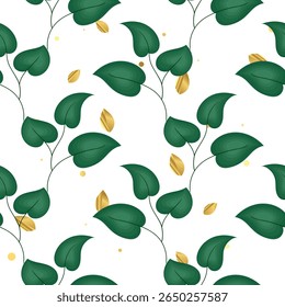 A repeating pattern of dark green heart-shaped leaves on thin stems against a white background.  Small, gold-colored leaf-like shapes are scattered throughout the design, as well as small yellow dots.