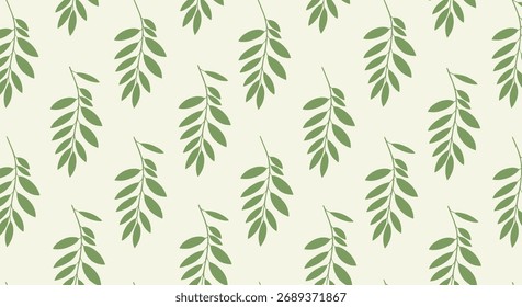 A repeating pattern of delicate green leaves on a pale yellow background.