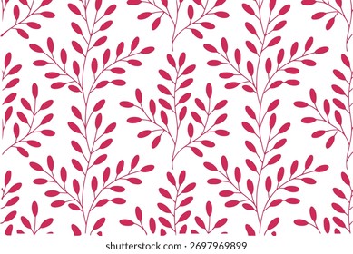 Um padrão repetitivo de delicados ramos cor-de-rosa com folhas ovaladas contra um fundo branco limpo.