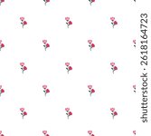 Repeating pattern of delicate pink flowers with green stems arranged on a clean white backdrop. Suitable for wallpapers, textiles, and graphic design projects requiring a soft and elegant floral theme