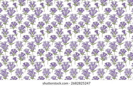 Un patrón repetitivo de delicadas flores púrpuras en forma de campana con subgrupos y hojas verdes, sobre un fondo blanco. 