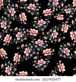 A repeating pattern of delicate, stylized roses. The roses are rendered in shades of light peach coral and light dusty pink, with gray-toned foliage and stems. The flowers are full bodied.