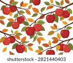 A repeating pattern design featuring ripe red apples hanging on tree branches with autumn foliage in various shades