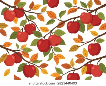 A repeating pattern design featuring ripe red apples hanging on tree branches with autumn foliage in various shades