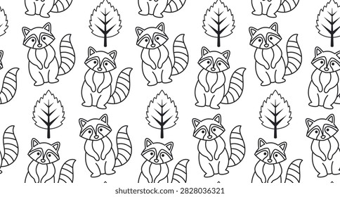 A repeating pattern design showcasing adorable cartoon raccoons standing next to stylized autumn leaves in a simple line art style