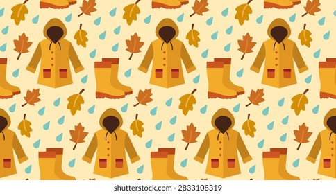 A repeating pattern design showcasing yellow rain jackets and matching rubber boots interspersed with colorful fall foliage and raindrops