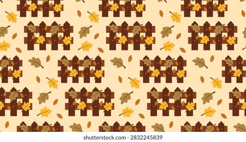 A repeating pattern design showing brown wooden picket fences decorated with various colorful fall foliage on a light beige background