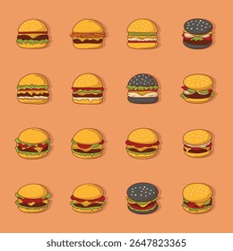 Padrão repetitivo de diferentes variedades de hambúrgueres. Cada hambúrguer é apresentado em uma ilustração de estilo cartoon com linhas simples.