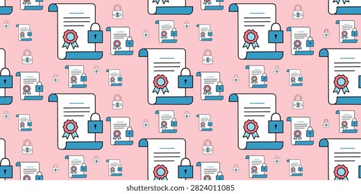repeating pattern of digital data privacy icons featuring blue padlocks certificates and documents on soft pink background for security themes