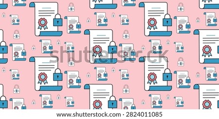 repeating pattern of digital data privacy icons featuring blue padlocks certificates and documents on soft pink background for security themes