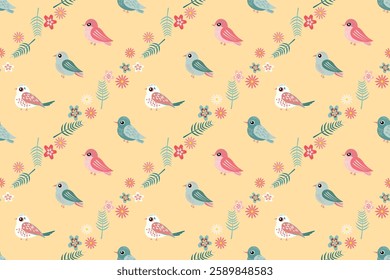 Repeating pattern of diverse birds in playful colors surrounded by delicate flowers and foliage. Orange isolated background Ideal for  textile.  Seamless vector pattern