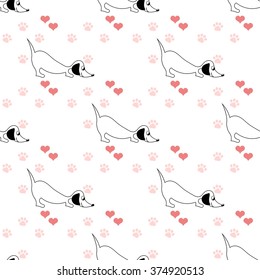 repeating pattern with dog sniffing with head on the ground, paw prints and coral hearts on white background