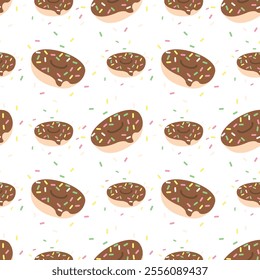 Repeating pattern of donuts with chocolate frosting and colorful sprinkles.