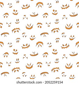 Repeating pattern of drawn pumpkin faces isolated on white background