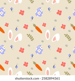 A repeating pattern with Easter elements: eggs, bunny ears, carrots, flowers, butterflies, and branches.	
