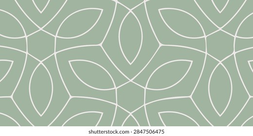 A repeating pattern of elegant, curved white lines forming a symmetrical, abstract design on a soft, desaturated green backdrop.