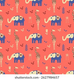 Repeating pattern of elephant, giraffe, and foliage silhouettes on coral background. Minimalist lines and geometric flow for modern rhythm. Ideal for textiles, wallpapers, packaging, digital projects