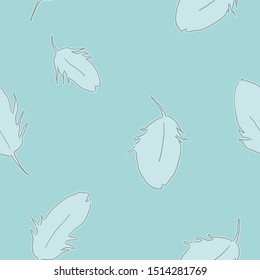 Repeating pattern with falling white feathers isolated on blue background. Low contrast of grey outline and white, transparent fill. Suitable for textile design, wallpaper and scrap booking.