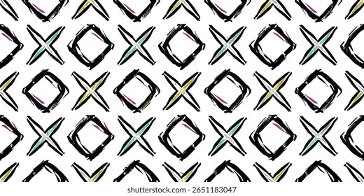 A repeating pattern features bold black brushstroke 'X' shapes and diamond outlines. Subtle touches of teal, yellow, and magenta add visual interest to the abstract design.