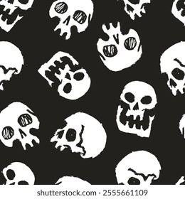 A repeating pattern features various skull designs in white against a solid black background. The skulls display different expressions and styles creating a bold and striking visual effect.