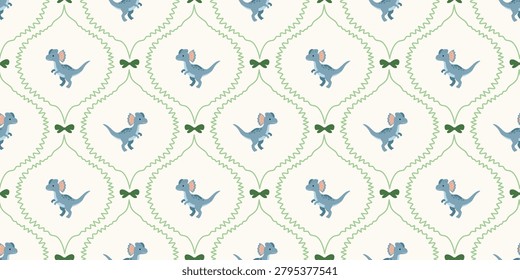 Repeating pattern featuring blue dinosaurs surrounded by green heart-shaped borders with delicate detailing and soft colors