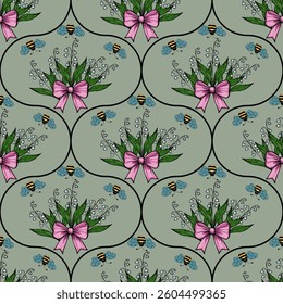 A repeating pattern featuring bouquets of flowers with pink bows, surrounded by bees and butterflies, set against a muted green background.