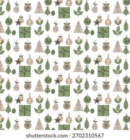A repeating pattern featuring christmas motifs such as trees, gifts, and pinecones.