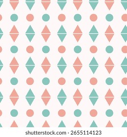 A repeating pattern featuring coral and teal diamonds, circles, and triangles. Each shape is filled with a subtle white dot texture, creating a playful and modern aesthetic.