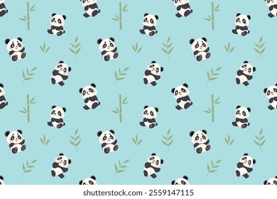 A repeating pattern featuring cute cartoon pandas and bamboo plants on a light blue background.