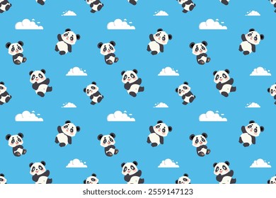 A repeating pattern featuring cute cartoon pandas joyfully floating among white clouds against a light blue sky.