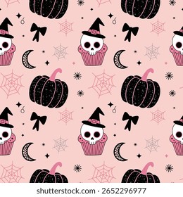 A repeating pattern featuring cute Halloween elements like skull cupcakes in witch hats, black pumpkins with pink stems, crescent moons, spider webs, bows, and stars on a pink background.