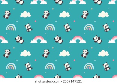 A repeating pattern featuring cute panda bears, rainbows, and clouds on a teal background.