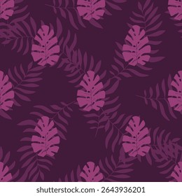 Um padrão repetitivo com folhas de monstros escuros e samambaias em um fundo roxo escuro. As folhas e as samambaias estão dispostas irregularmente em toda a imagem. O padrão é achatado e estilizado.