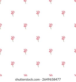A repeating pattern featuring delicate pink flowers scattered across a clean, white backdrop. Ideal for use in textiles, wrapping paper, or digital designs.