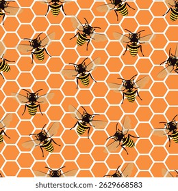 A repeating pattern featuring detailed illustrations of bees scattered across a honeycomb structure.