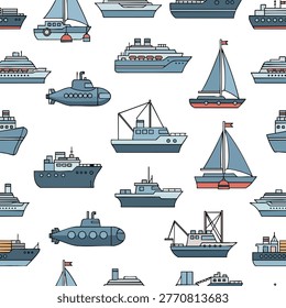 A repeating pattern featuring a diverse collection of cartoon-style ships, including sailboats, cargo ships, cruise liners, and submarines, all rendered in a clean, illustrative style.